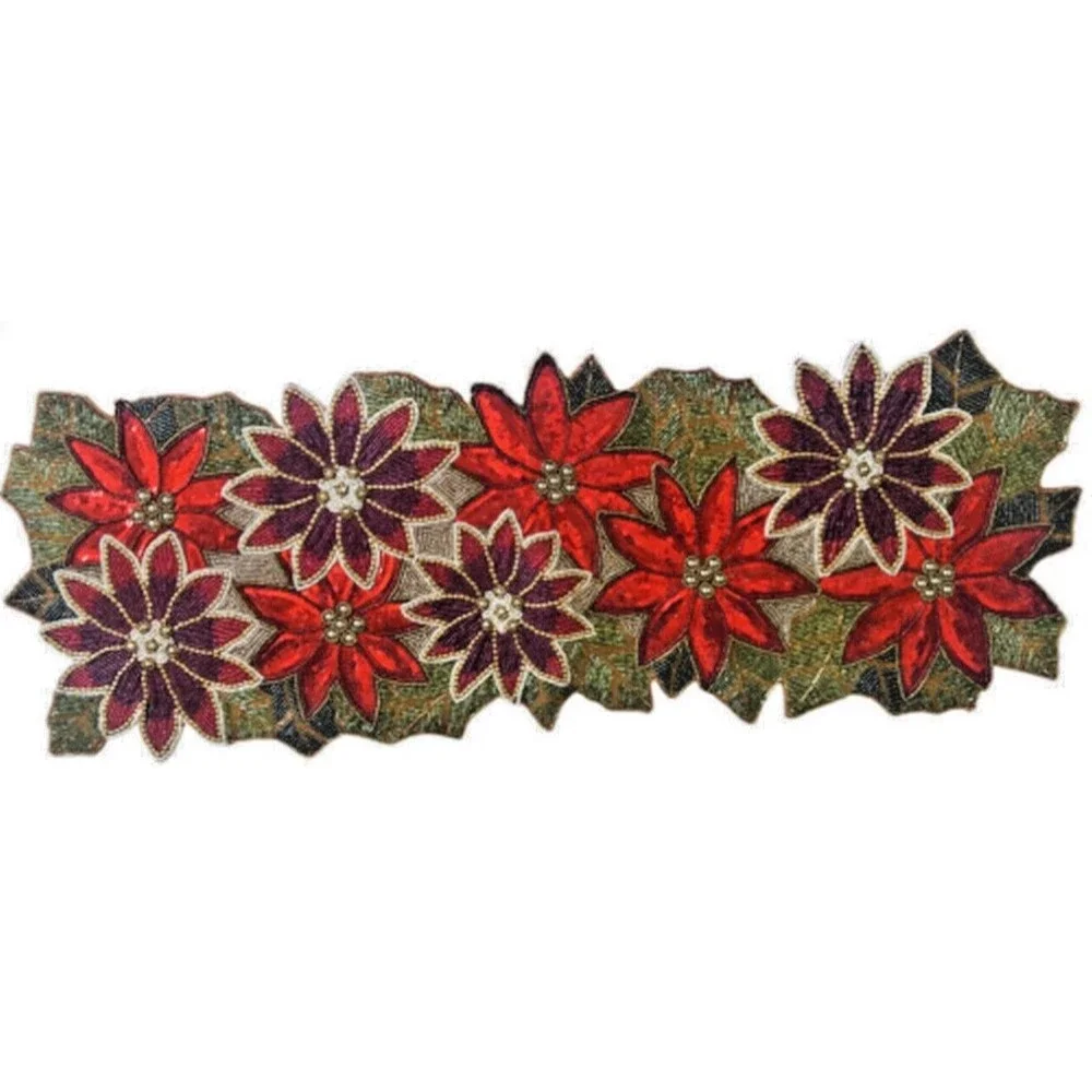 Christmas Red Poinsettia Table Runner Fully Beaded Holiday Satin Backed 36x13